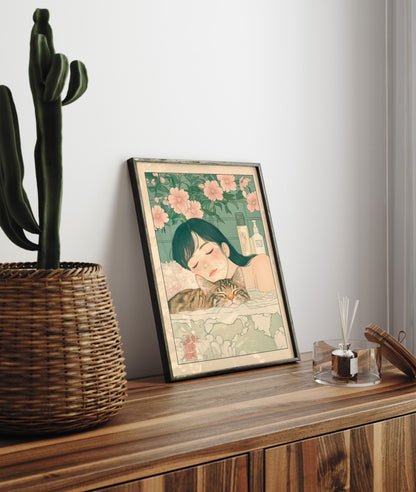 Japanese-style artwork of a girl and a cat peacefully drifting in a bath with floating blossoms