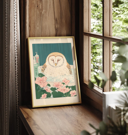Framed barn owl bathroom print with pastel florals and a serene woodland feel