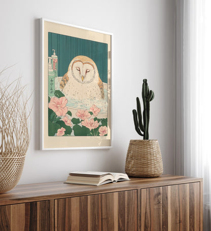 High-quality framed barn owl bathroom wall art with botanical accents