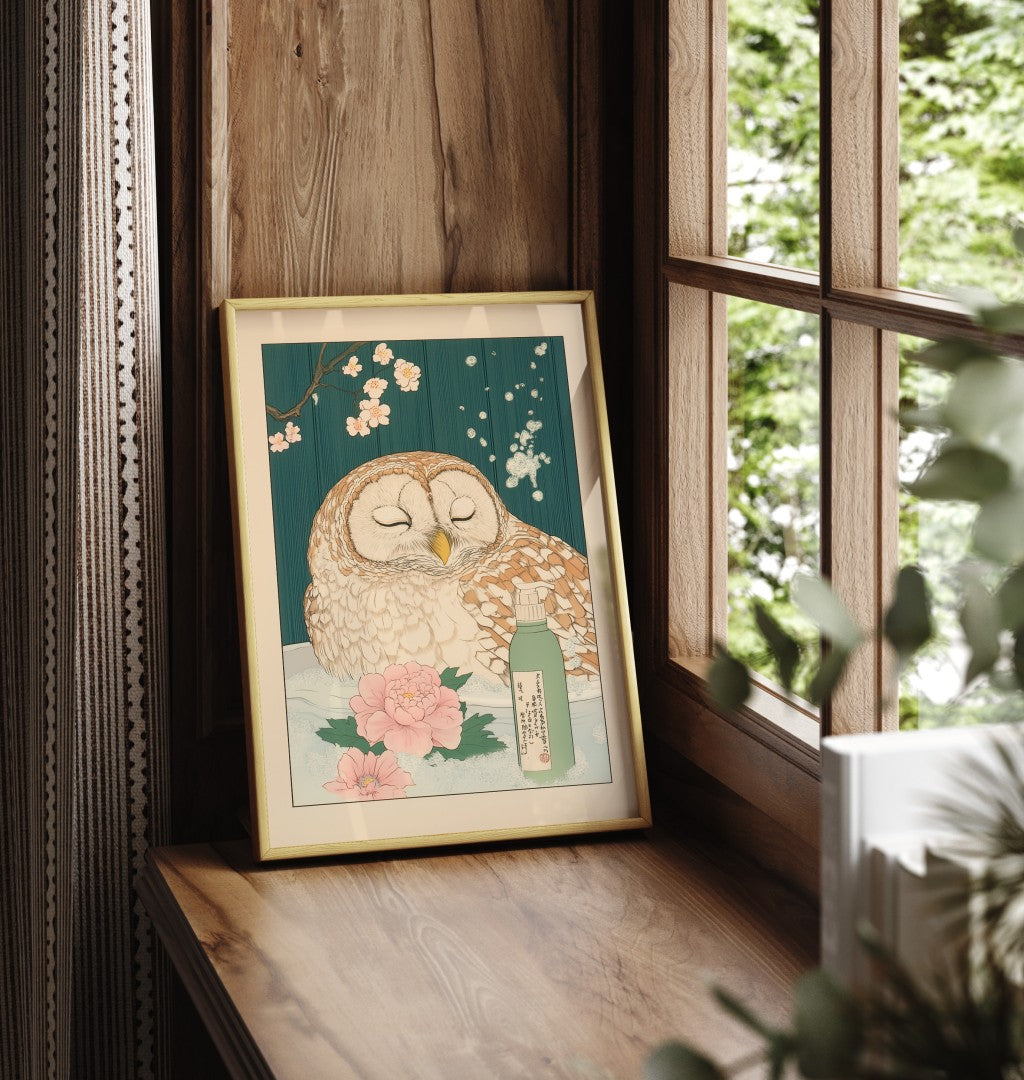 Framed bathroom wall art of a barred owl in a tranquil flower-filled bath