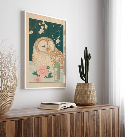 High-quality framed barred owl bathroom print with forest-inspired botanical details