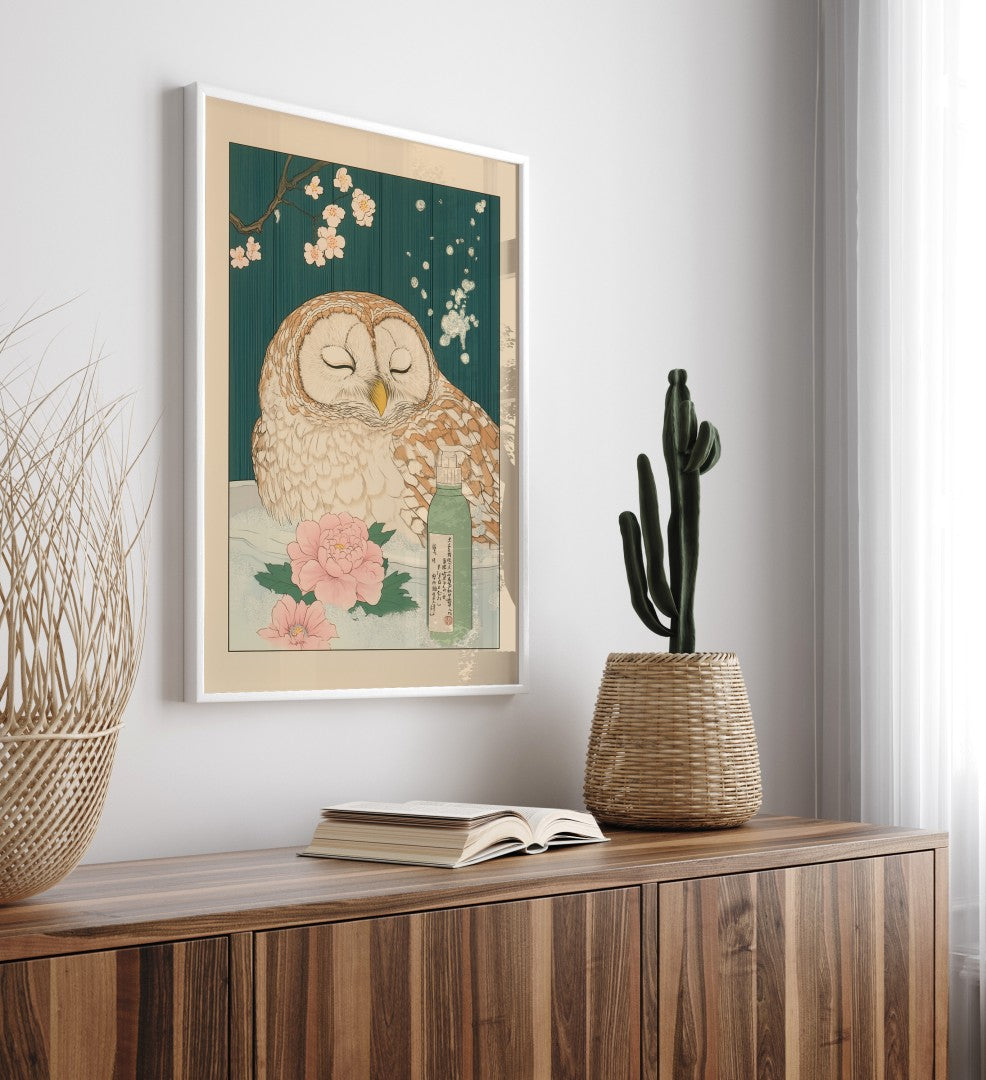 High-quality framed barred owl bathroom print with forest-inspired botanical details