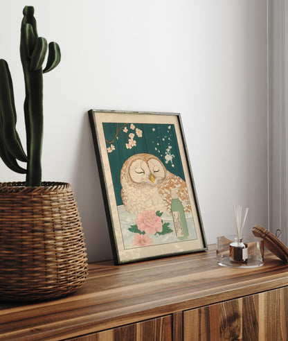 Framed bathroom decor featuring a peaceful barred owl in a Japanese-style soak