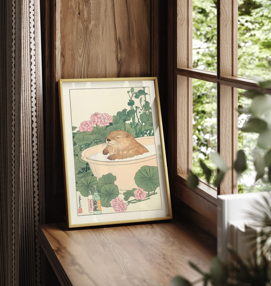 Framed art print featuring a serene beaver soaking in a tub with pink blossoms and green leaves