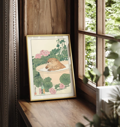 Framed art print featuring a serene beaver soaking in a tub with pink blossoms and green leaves