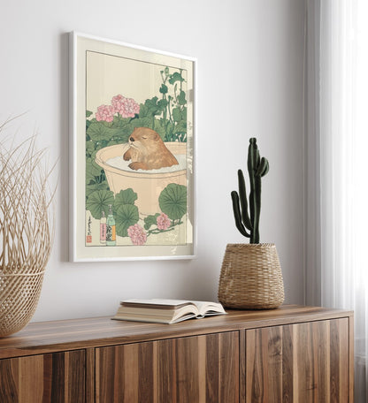 Beaver bath scene in Japanese-inspired artwork, shown as a framed fine art print