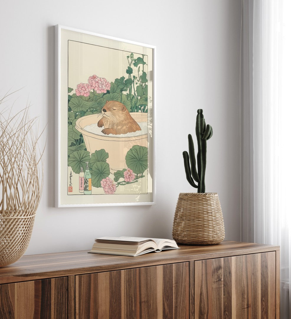 Beaver bath scene in Japanese-inspired artwork, shown as a framed fine art print