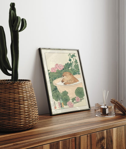 Tranquil beaver soaking in a tub surrounded by stylized flowers and vintage soap bottles – framed print