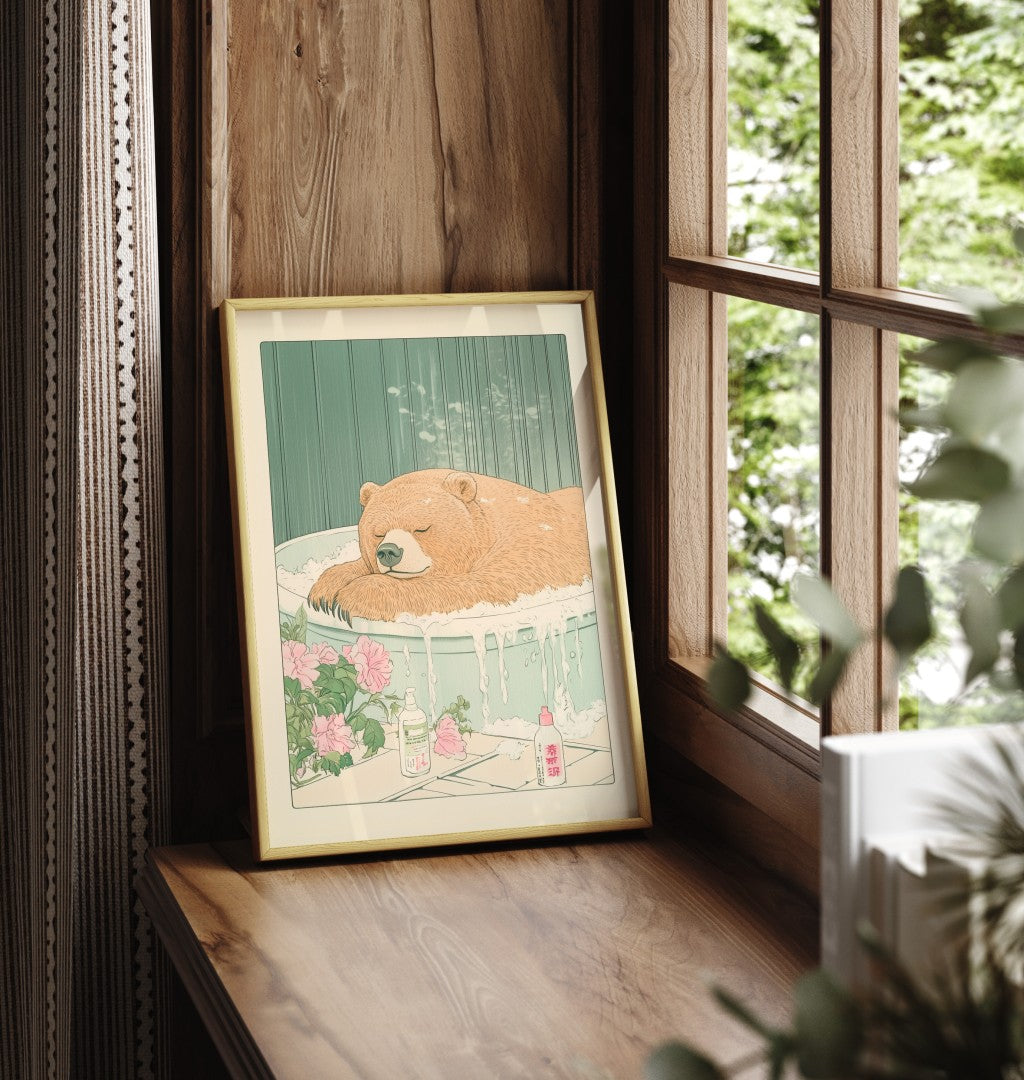 Framed art print of a fluffy bear relaxing in a warm tub with floral details