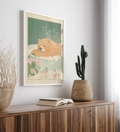 Grizzly bear bath scene in Japanese-inspired illustration, shown as a framed print