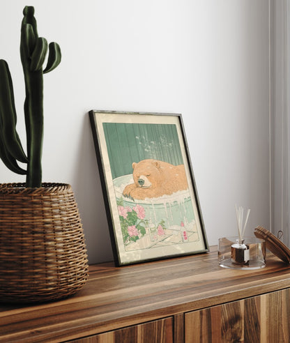 Peaceful bear soaking in a foamy bath surrounded by flowers – framed art print
