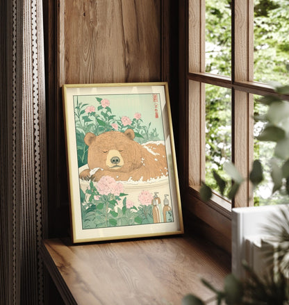 Framed art print showing a bear soaking peacefully in a warm bath with flowers