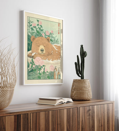 Bear resting in a bubbly tub among pink blooms – framed Japanese-style print