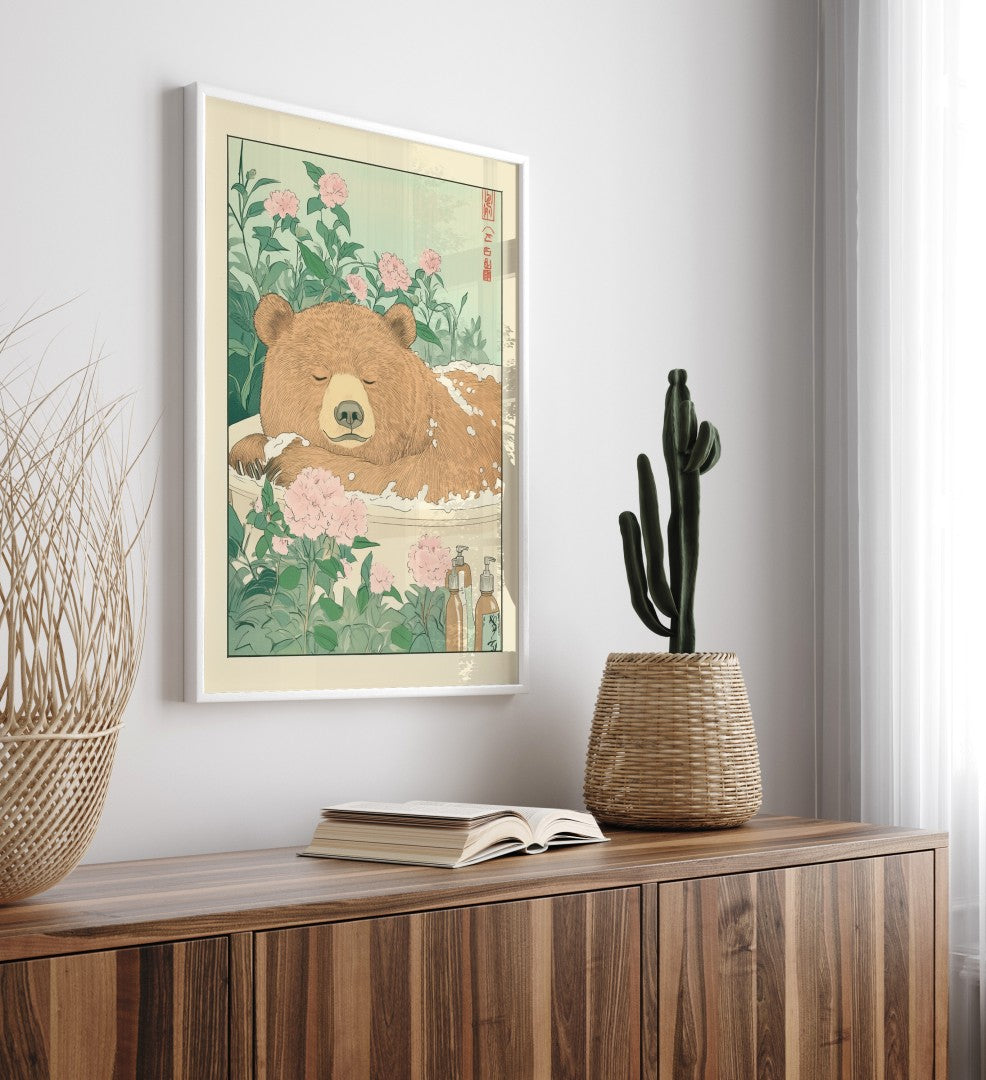 Bear resting in a bubbly tub among pink blooms – framed Japanese-style print