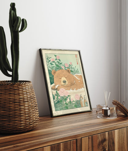 Peaceful bath scene with bear, foam, and floral surroundings – framed artwork