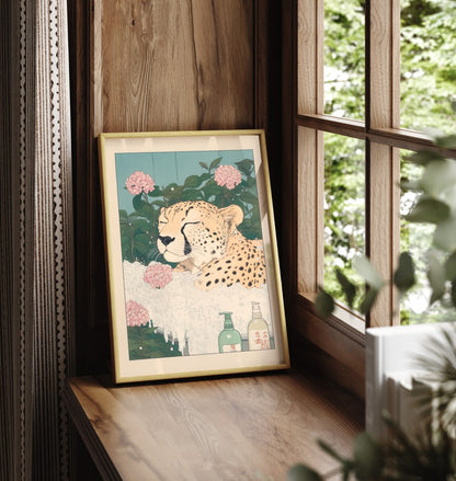 Framed illustration of a peaceful cheetah bathing in a floral Japanese setting
