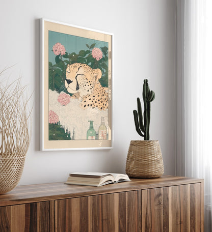 Zen-style print of a cheetah soaking in a warm bath among pink blossoms