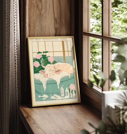 Framed illustration of a calm cow relaxing in a tiled Japanese bathhouse
