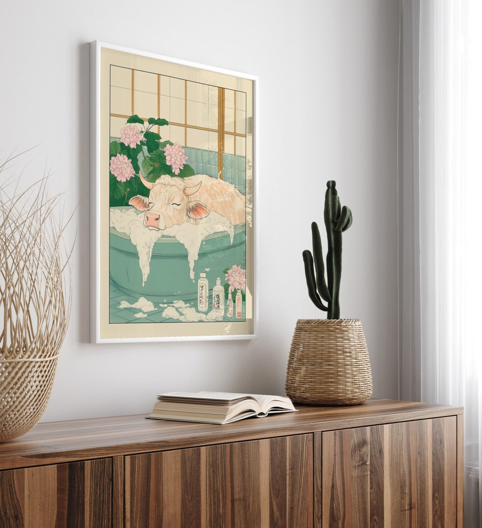Serene bath scene with a fluffy cow, bubbles, and surrounding blossoms