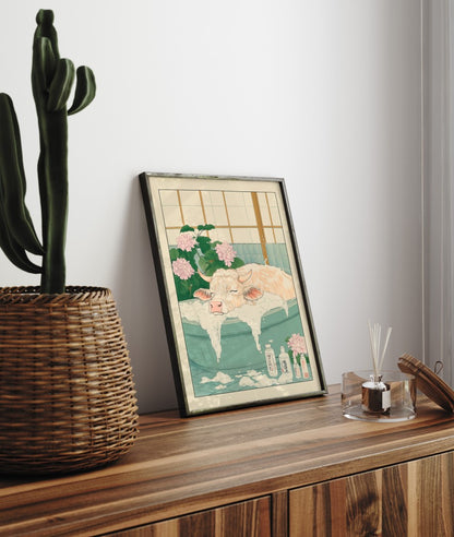 Peaceful cow bath with traditional tiles and hydrangeas – Japanese-style art print