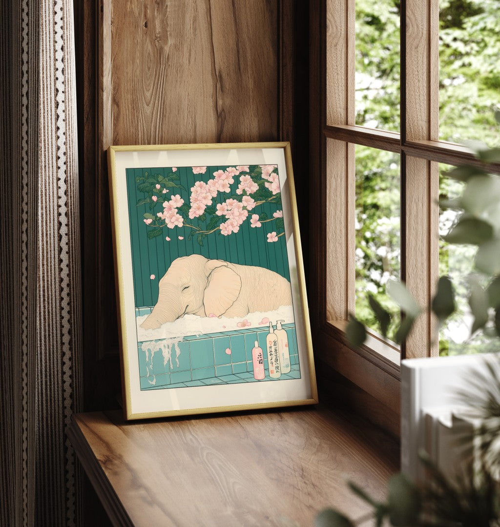 Framed illustration of an elephant relaxing in a Japanese tiled bath under flowers