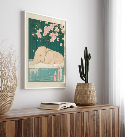 Tranquil elephant bath scene with pink petals and foamy water – Japanese-style print
