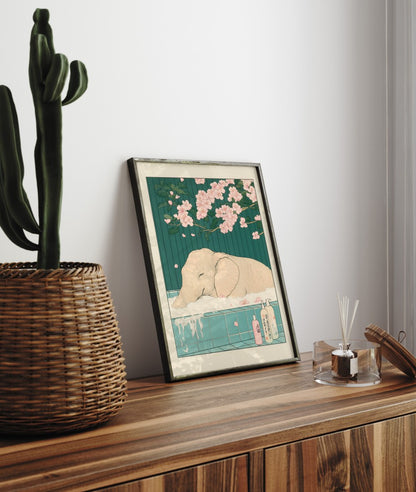 Japanese-style elephant in a bath with cherry blossom branches overhead