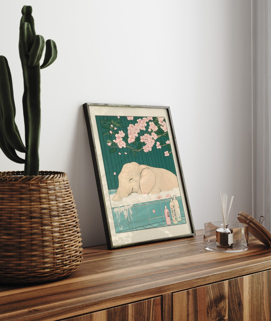 Japanese-style elephant in a bath with cherry blossom branches overhead