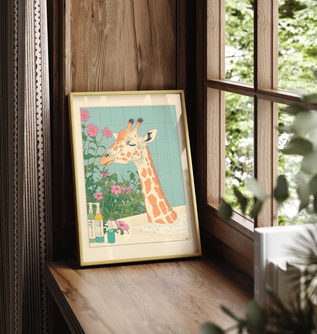Framed illustration of a giraffe bathing in a tiled Japanese tub with blossoms