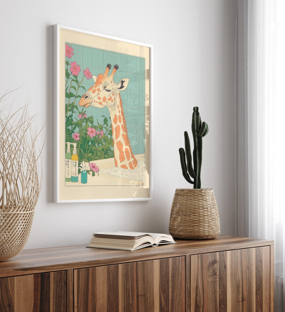 Japanese-style giraffe in a foamy bath next to pink flowers – wall art print