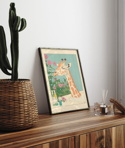 Serene giraffe bath scene with bubbles and blooms – traditional Japanese-style art