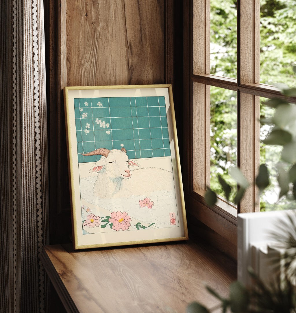 Framed illustration of a goat in a tiled Japanese-style bath scene
