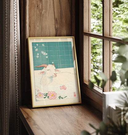 Framed illustration of a goat in a tiled Japanese-style bath scene