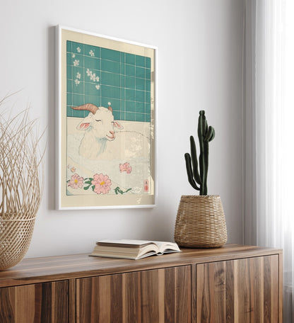Serene goat bath scene with bubbles and soft blossoms – Japanese art print