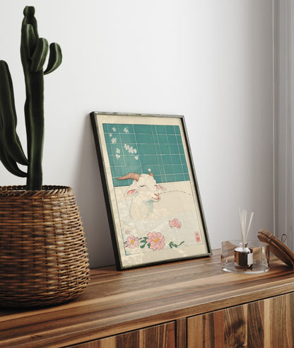 Goat resting in a bubble bath with floral details – traditional Japanese-style artwork