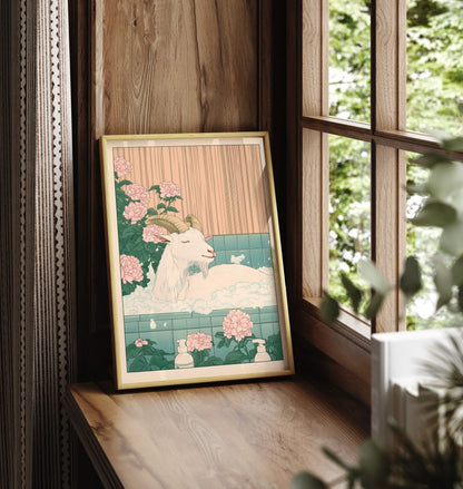 Framed Japanese-style illustration of a goat in a floral tiled tub