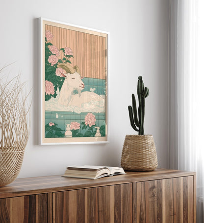 Tranquil bath scene with a goat and curved horns among blossoms and foam