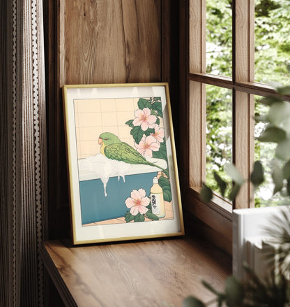Framed Japanese-style illustration of a parrot perched on a tub surrounded by blossoms
