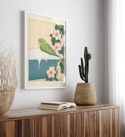 Peaceful parrot bath scene with foam and tropical pink flowers – Japanese print