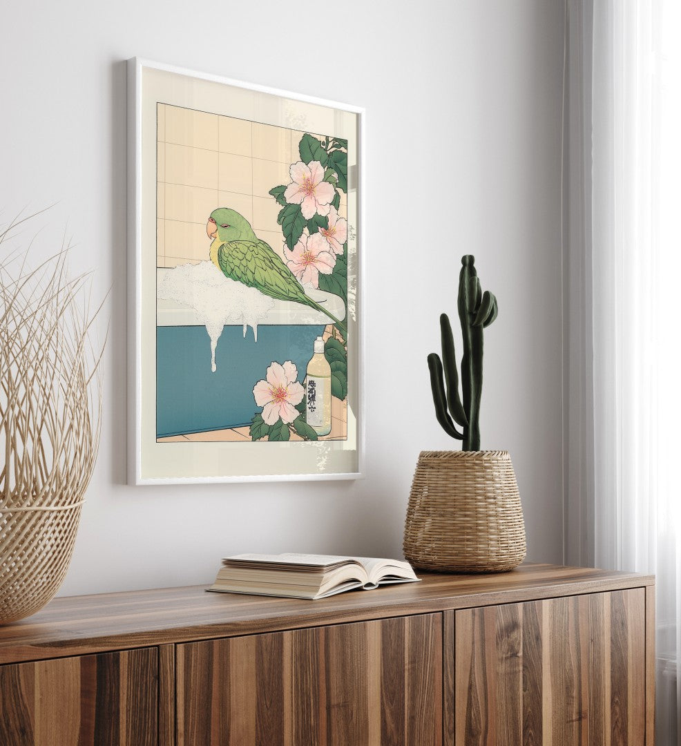 Peaceful parrot bath scene with foam and tropical pink flowers – Japanese print