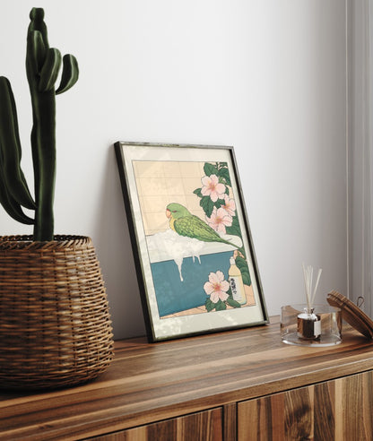 Tropical parrot soaking up calm in a floral Japanese bathroom scene