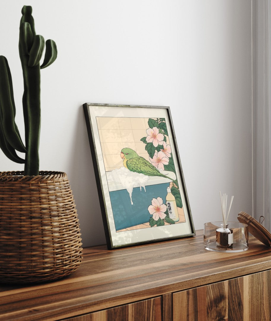 Tropical parrot soaking up calm in a floral Japanese bathroom scene