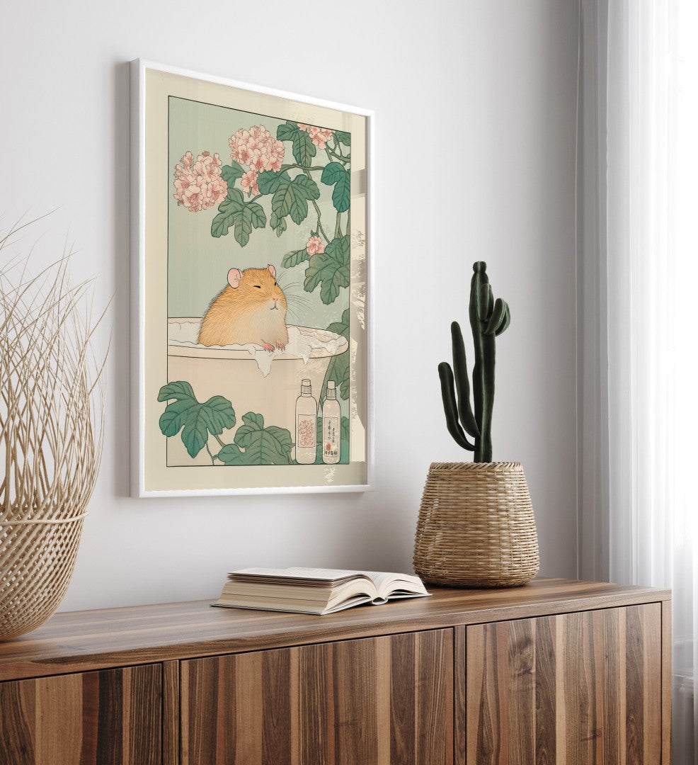 Hamster relaxing in a traditional floral bath scene – Japanese art print