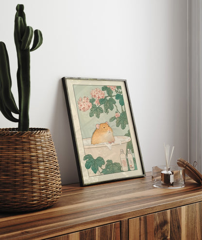 Serene hamster bath with petals and foam – calming Japanese bathroom artwork