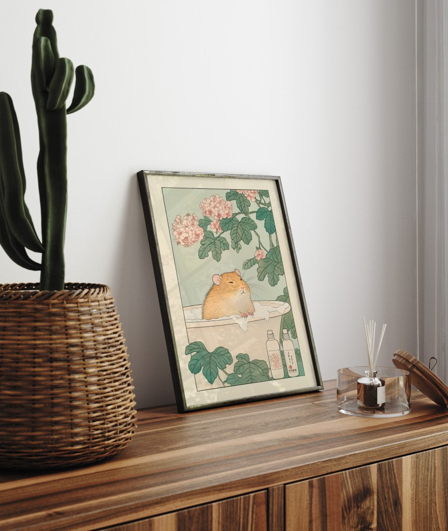 Serene hamster bath with petals and foam – calming Japanese bathroom artwork