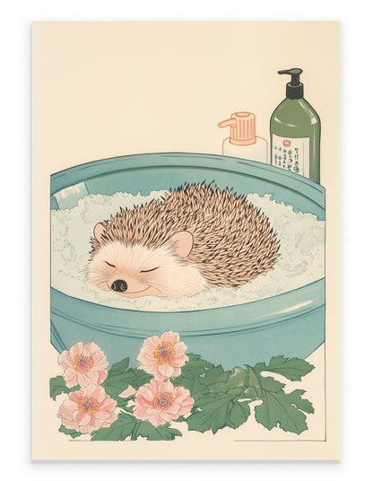 Art print of a hedgehog soaking in a blue tub with bubbles and pink flowers