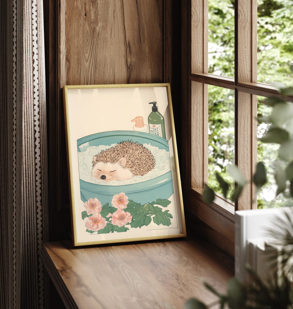 Framed Japanese-style illustration of a hedgehog resting in a foamy bath
