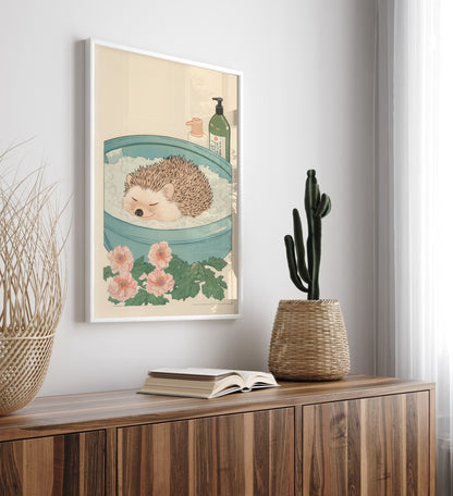 Peaceful hedgehog bath scene with floral details and soap bottles – Japanese art print