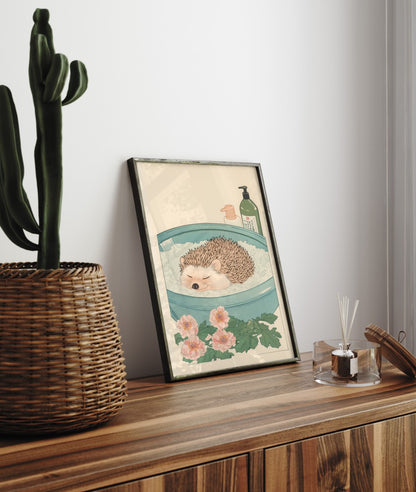 Hedgehog curled in a bubble bath with pink blossoms – calming Japanese-style artwork