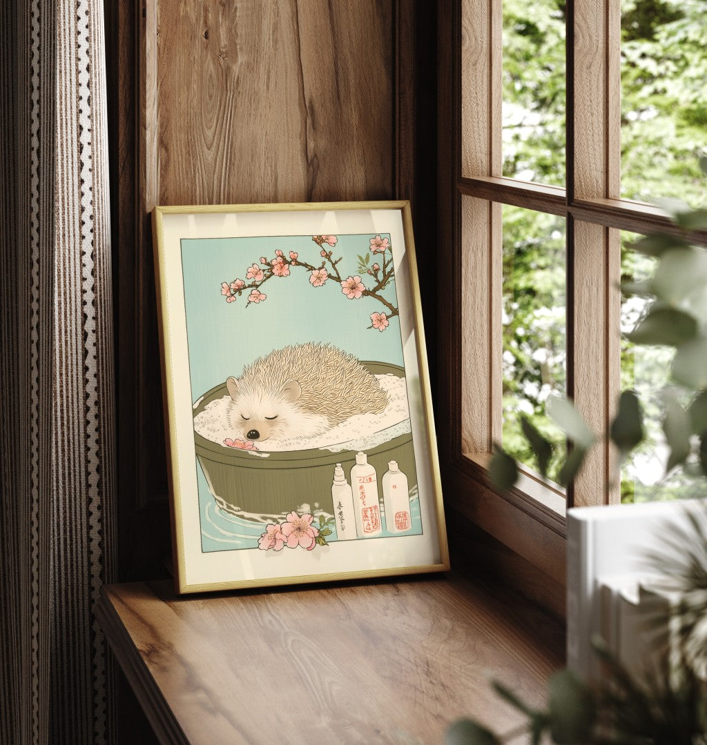 Framed Japanese-style illustration of a hedgehog floating peacefully in a tub